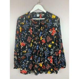 Old Navy Blouse Women Large L Black Floral Print Cottagecore Prairie Boho Shirt